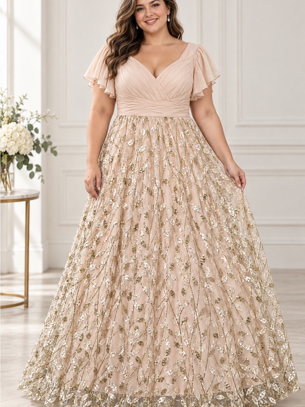 Women’s Size 18 Blush Gold Sequin Embroidered Formal Maxi Gown NWT